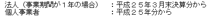 テキスト ボックス: 法人（事業期間が１年の場合）　：平成２５年３月末決算分から
個人事業者　　　　　　　　　  ：平成２５年分から
