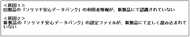 テキスト ボックス: ＜原因１＞
旧製品の「ソリマチ安心データバンク」の利用者情報が、新製品にて認識されていない
 
＜原因２＞
新製品の「ソリマチ安心データバンク」の設定ファイルが、新製品にて正しく読み込まれていない
